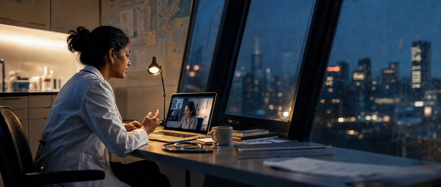 Physician on a video call in an evening clinic